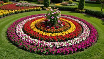 a geometric flowerbed designed with concentric rings of different flower types photo
