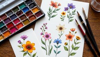 a collection of watercolor paints beside flower cuttings used as reference photo