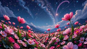 a surreal landscape of giant flowers growing in the shape of constellations photo