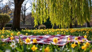 a picnic blanket laid out among daffodils under a low hanging willow tree photo