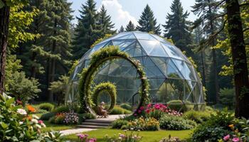 a geometric glass dome in the forest with flowers climbing its structure photo