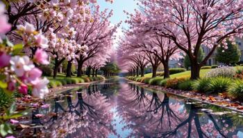 a mirror on the ground reflecting a blooming canopy overhead photo