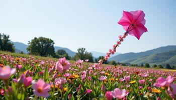 a kite shaped like a flower trailing a ribbon of real blossoms photo