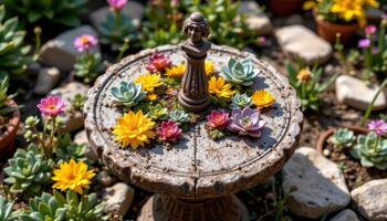 a broken sundial reclaimed by colorful blooming succulents photo