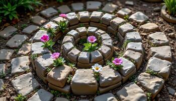 a natural stone spiral with flowers planted along its curves photo