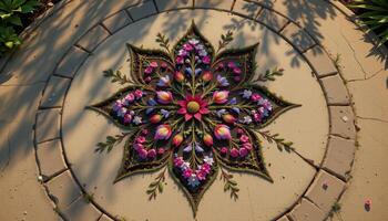 a flower shaped constellation mirrored by a planted design on the ground photo