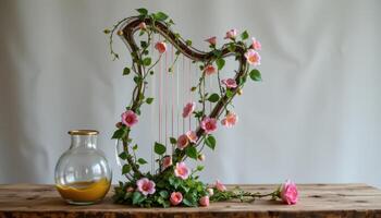a glass harp with vines climbing its strings and flowering between each tone photo