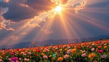 a sunbeam breaking through clouds onto a patch of glowing blooms photo