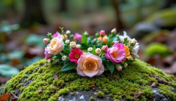 a floral crown placed delicately on a mossy stone in the woods photo