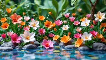 a paper origami garden of intricate folded flowers resting on water photo