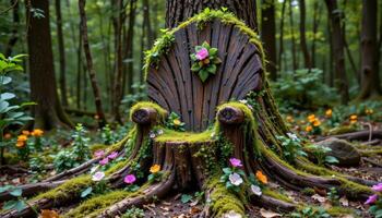 a tree stump carved into a throne overgrown with moss and flowers photo