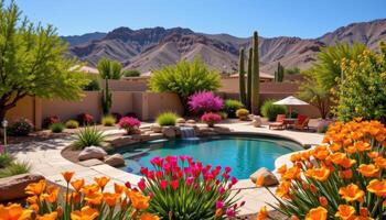 a desert oasis with bright desert blooms ringing a small, hidden pool photo