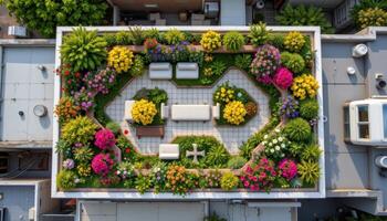 a flat rooftop transformed into a geometric floral garden from above photo