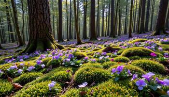 a soft rug of moss and violets carpeting a forest floor beneath tall trees photo