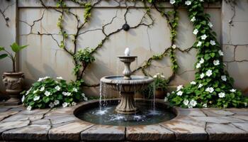 a cracked fountain overflowing with water and creeping jasmine vines photo