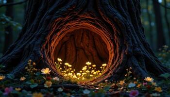 a tree hollow filled with tiny glowing flowers that light up the bark photo