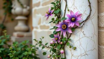 a single vine wrapping tightly around a marble column, blooming with passionflowers photo