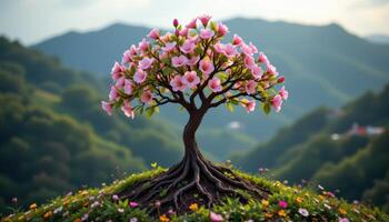 a tree with roots that sprout blooms instead of leaves photo