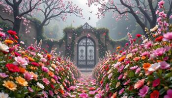 a path of pressed flowers leading to an ornate gate hidden in mist photo