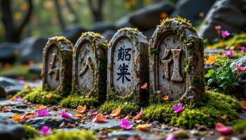 a set of ancient stone runes overgrown with blooming moss and petals photo