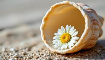 a seashell with a daisy blooming from within its spiral photo