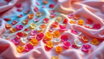 a pastel rainbow of flower petals scattered across soft silk photo