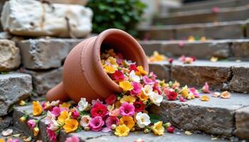 a clay amphora filled with flowers, tipped over and spilling blossoms down stone steps photo