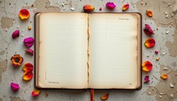 a torn journal page with fresh petals scattered over faded ink photo