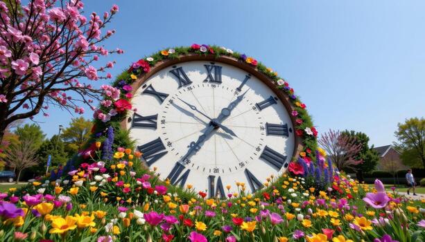 a giant clock face built into the ground and blooming as the hands turn photo