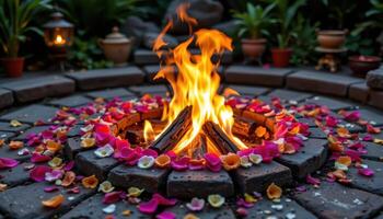 a glowing ember firepit rimmed with flower petals in ritual arrangement photo