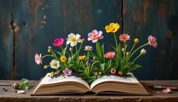 a series of vintage books where flowers grow out from each open page photo