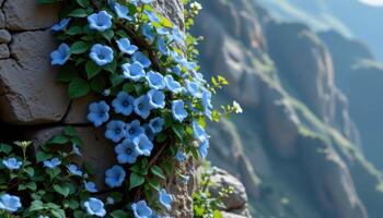 a spiral vine growing up the side of a crystal tower and blooming in soft blues photo