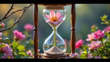 a flower blooming directly from the center of an hourglass photo