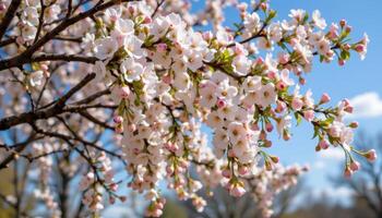 a cascade of floral ribbons unfurling from a tree in spring wind photo