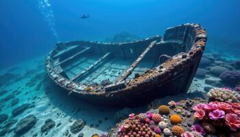 a shipwreck reclaimed by coral and underwater flowers photo