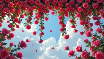 a cascading curtain of roses falling from the sky in a dreamlike sequence photo