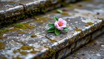 a single blooming camellia on a marble step surrounded by moss photo