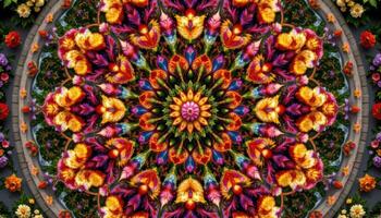 a massive floral mandala visible only from above in a drone's eye view photo