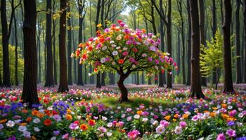 a patch of forest where every tree is ringed with different flower varieties photo