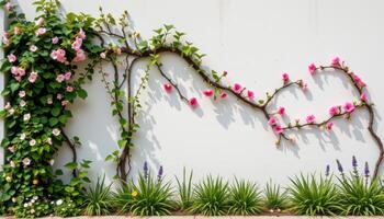 a series of flowering vines tracing calligraphy across an open wall photo