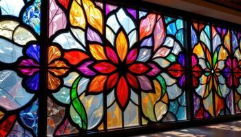 a wall of stained glass windows shaped like overlapping flower petals photo