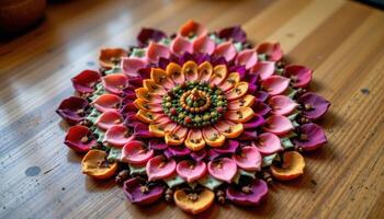 a mandala made entirely of layered petals and crushed herbs photo