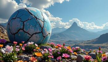 a cracked planet covered in patches of alien flowers photo