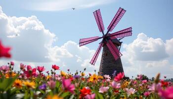 a windmill whose blades are shaped like flower petals in motion photo