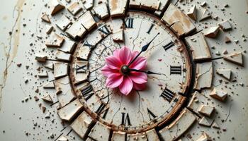 a shattered clock face with time paused at a flower blooming from its center photo