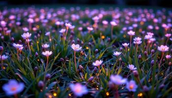 a patch of glowing grass with luminous flowers sprouting in patterns photo