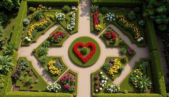 a garden of geometric flowerbeds seen from a drone's perspective photo