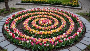 a spiral pattern of tulips arranged across a circular stone plaza photo