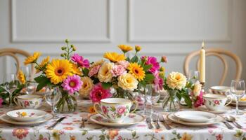 a table set with floral patterned china and matching edible flowers photo