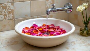 a ceramic sink filled with petals under a dripping faucet photo